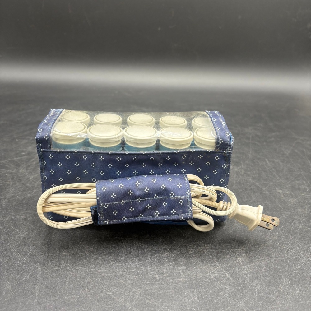 Remington Travel Hair Roller Set 10 Piece Blue Polka Dot Heated Case Clips